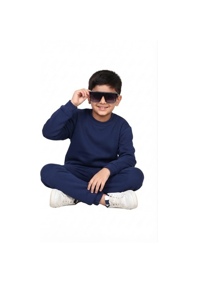 Erdem Kıds Unisex Kız-erkek Çocuk Paçası Lastikli 3 İplik Şardonlu Pamuklu Basic Bisiklet Yaka Okul Eşofman Takımı Lacivert Lacivert