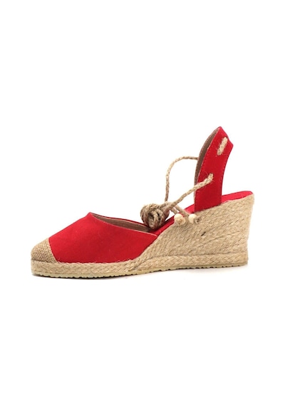 Gerçek Elişi Topuğu Açık Bilekten Bağlamalı Bej Dolgu Topuk Keten Hasır Espadril Handmade Kırmızı