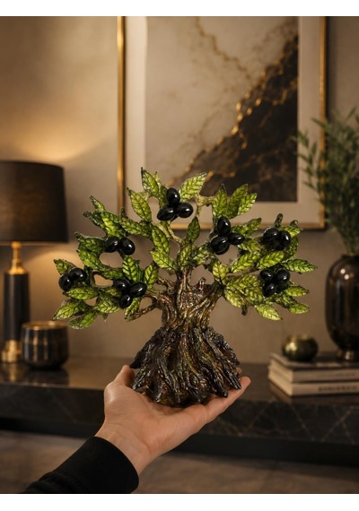 Dekoratif Zeytin Ağacı Biblo 21x26 Cm Reçine El Yapımı Siyah Zeytinli Konsol Vitrin Ofis Masa Üstü Ev Dekoru