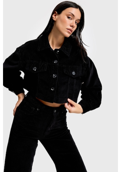 Kadın Siyah Renk 26w5-1 Crop Fit Düğmeli Kalın Fitilli Velvet Kadife Kumaş Ceket