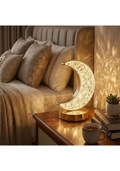 Hilal Ay Model Kristal Led Masa Lambası Dokunmatik, 3 Renk Işık Modlu, Şarjlı Mini Dekoratif Gece Çok Renkli