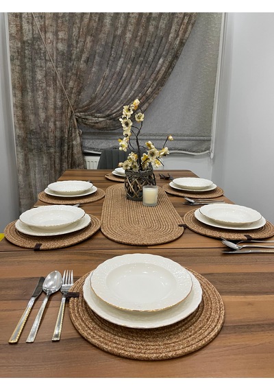 Senza Atelier Lüks 8 Parça Jüt Masa Sunum Seti Oval Runner, 6 Lı Supla Ve Sunum Sepeti Takımı Hasır