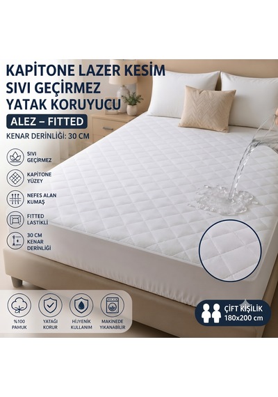 Truytowel Kapitone Lazer Baskı Sıvı Geçirmez Yatak Koruyucu Alez Fitted %100 Pamuk Yüzey 30 Cm Kenar Derinliği 180x200 Cm Beyaz