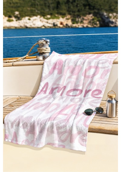 Amore Yazılı Modern Plaj Havlusu - Soyut Tipografik Pembe Beyaz Hızlı Kuruyan Mikrofiber Havlu Mat Bulut