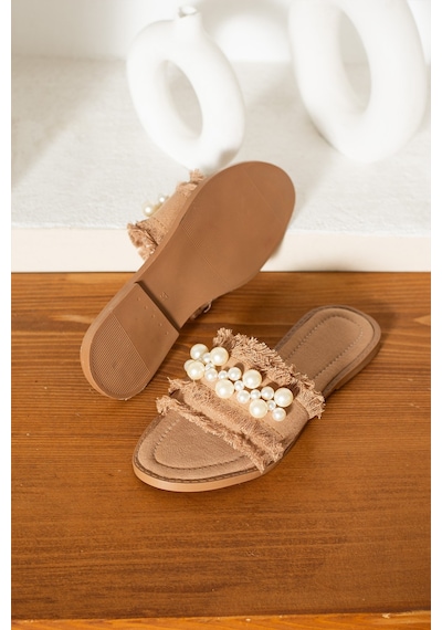 Dabab Shoes Mınoa Kadın İnci Detaylı Hasır Dokulu Düz Taba Terlik