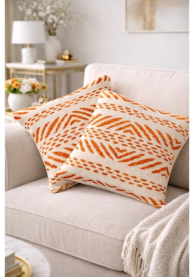 Faralya Life Baskılı Geometrik Desenli 2 Li Kırlent Kılıfı 45x45 Cm Dekoratif Koltuk Yastık Kılıfı Modern Salon Dekoru Açık Pudra Turuncu