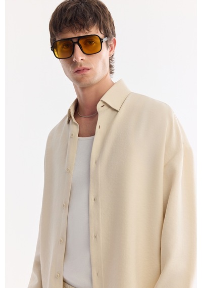 Avva Erkek Ekru Alttan Britli Yaka Nefes Alan Modal Karışımlı Soft Touch Oversize Fit Gömlek A61y2168