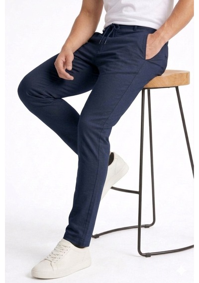 Bürke Erkek Lacivert Renk Bel Lastikli Likralı Esnek Dar Kalıp Slimfit Pantolon