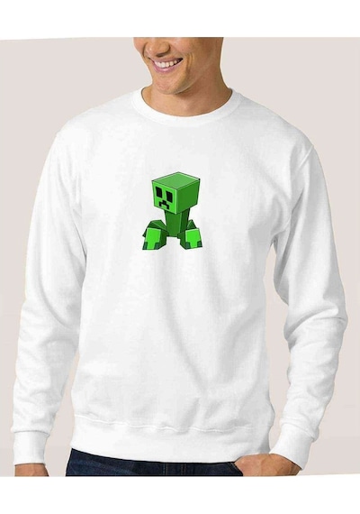 Minecraft Creepers Gonna Creep Baskılı Beyaz Erkek Sweatshirt (528437075)