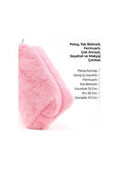Pembe Shk244 Peluş Kumaş Fermuarlı Tek Bölmeli Seyahat Ve Makyaj Çantası,pembe