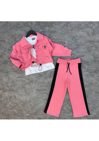 Hey You Kız Çocuk Eşofman Alt Üst 3'lü Takım Pembe
