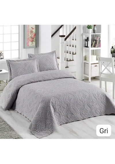 Örtüm Ivy Sarmaşık Çift Kişilik Microfiber Kapitone Yatak Örtüsü Açık Gri