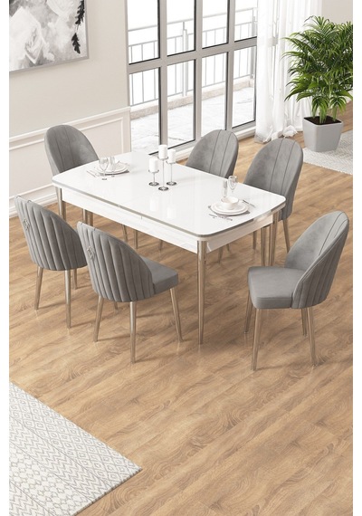 Canisa Edaf Serisi 80x132 Açılabilir Beyaz Mutfak Masa Takımı 6 Gri Sandalye Krom Detay Beyaz Masa Sandalye Cappucino Canisa Edaf Serisi 80x132 Açılabilir Beyaz Mutfak Masa Takımı 6 Gri Sandalye Krom Detay Beyaz Masa Sandalye Cappucino