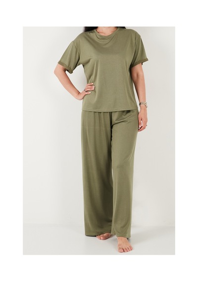 Lela Yumuşak Dokulu Bisiklet Yaka Lastikli Bel Kısa Kollu Pijama Takımı Bayan Pijama Takımı 65720102 Haki