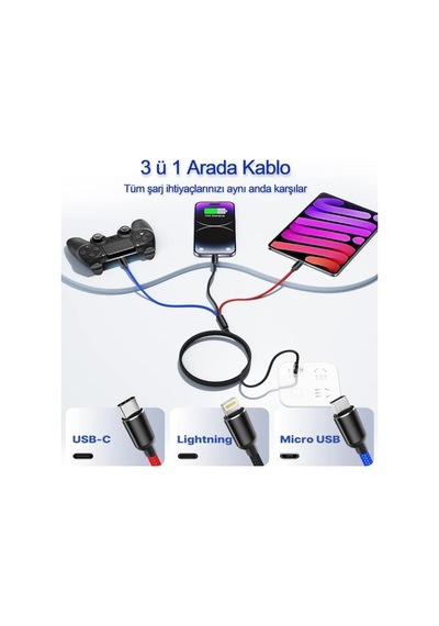 Hızlı Şarj Ve Data Aktarım Kablosu, 60w - 3a Usb A, Type C Usb C , Micro Usb, Lightning Uyumlu 3 Ü 1 Arada Çoklu Kablo