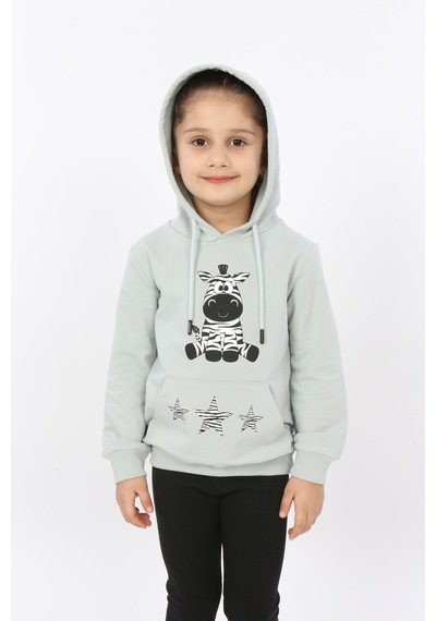 Toontoy Kız Çocuk Yıldızlı Zebra Baskılı Kapüşonlu Sweatshirt Yeşil