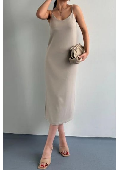 Trend Alisse Kadın Bej Rengi Midi Boy İp Askılı V Yaka Yazlık Elbise Bej