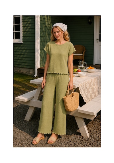 Rindahomewear Bürümcük Kumaş Yeşil Düşük Kol Pijama Takım Yeşil