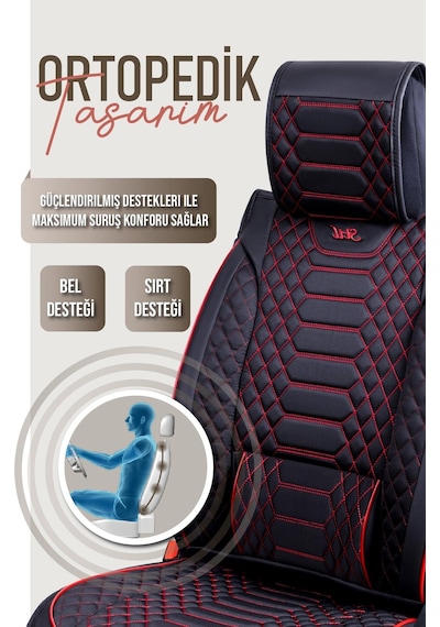 Renault Megane 4 Hatchback 2016-2020 Uyumlu Lüx Deri Oto Koltuk Kılıfı Ön Arka Takım Crystal Siyah Kırmızı