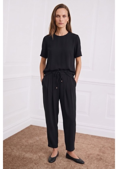 Sateen Kısa Kollu Bluz - Siyah-137405