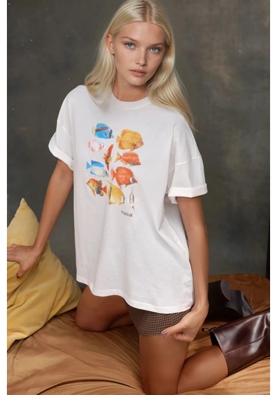 Hiccup Kadın %100 Pamuk Bisiklet Yaka Oversize Beyaz Baskılı T-shirt