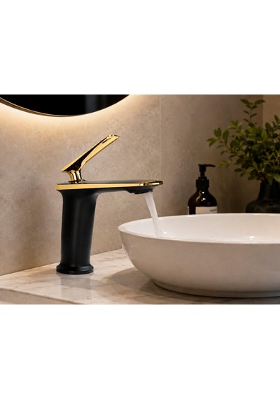 Forma Kısa Lavabo Bataryası Mat Sıyah-altın Mat Siyah-altın