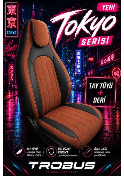 Fiat Albea 2002-2012 Bel Destekli Tay Tüyü Koltuk Kılıfı Tokyo Serisi Taba Siyah