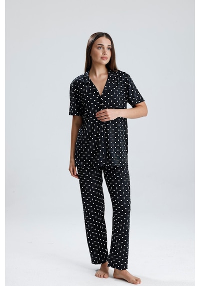 Kompedan Kadın Puantiye Desen Önden Düğmeli Pijama Takım Siyah P. Siyah