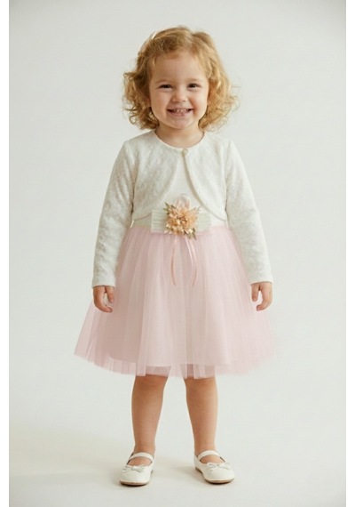 Mnk Baby & Kids Triko Bolerolu Bel Çiçekli Kız Bebek Elbise M00773 açık pembe