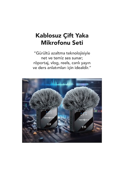 Kablosuz Yaka Mikrofonu Type-c iPhone Uyumlu Aux 2'li Gürültü Engelleyen Profesyonel Ses Kayıt Stüdyo 3in1
