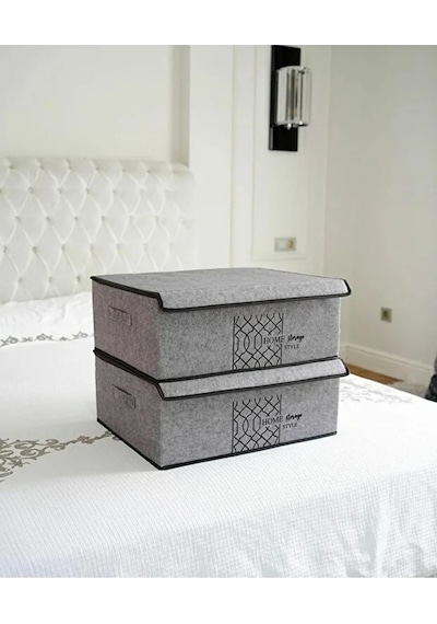 Keçe Kapaklı Kutu -baza Altı Düzenleyici- Organizer 1 Adet 50x40x19 Cm Gri-beyaz
