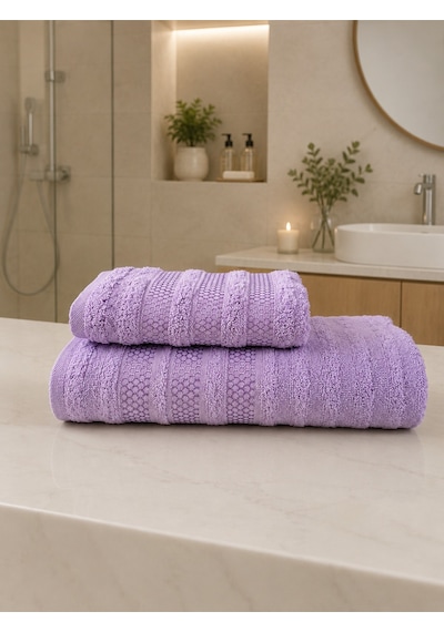 Pamuklu Saç Havlusu 50x90 Ve Banyo Havlusu 90x150 Yumuşak Dokulu Emici Saç Vebanyo Havlusu Mor