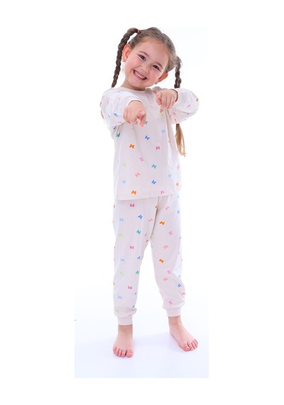 Zuzunga Renkli Kelebekler Kız Çocuk Pijama Takımı Bej