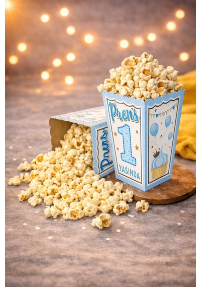 1 Yaş Doğum Günü Mavi Konsept Prens Temalı Popcorn Patlamış Mısır Kutusu 8 Adet Sunum
