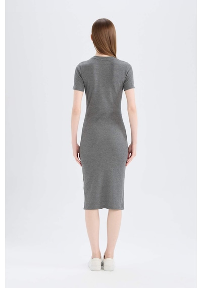 DeFacto Bodycon Vücudu Saran Bisiklet Yaka Basic Düz Fitilli Kaşkorse Kısa Kollu Midi Elbise E6926AX25SPAR15