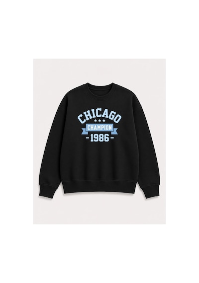 Herkesemoda Chicago Baskı Detaylı Bisiklet Yaka Şardonlu 2 İplik Sweatshirt Siyah