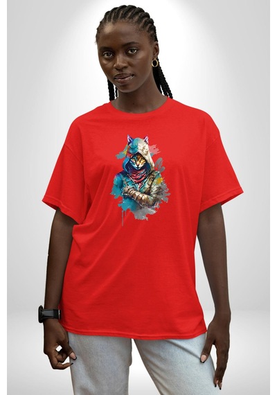 Kedi Assassin's Creed Pamuklu Bisiklet Yaka Unisex Oversize Boyfriend Dijital Baskılı Kırmızı T-shirt Kırmızı