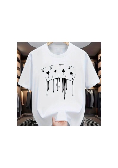 Caddemia Yaz Rahat Gevşek Artı Boyutu Poker Kartı Desen Baskılı Spor Rahat Yuvarlak Y Beyaz 2XL Caddemia Yaz Rahat Gevşek Artı Boyutu Poker Kartı Desen Baskılı Spor Rahat Yuvarlak Y Beyaz 2XL