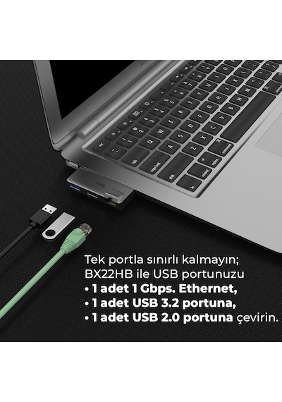 Bix BX22HB 5Gbps USB to USB 3.2 / USB 2.0 RJ45 Gigabit Ethernet Dönüştürücü Adaptör