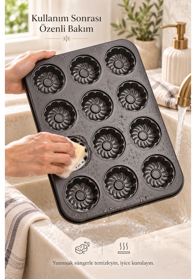 Tilbe Home 12'li Gül Kabartma Muffin Kalıbı Yapışmaz Cupcake Kek Kapsül Brownie Fırın Tepsisi Paslan Siyah