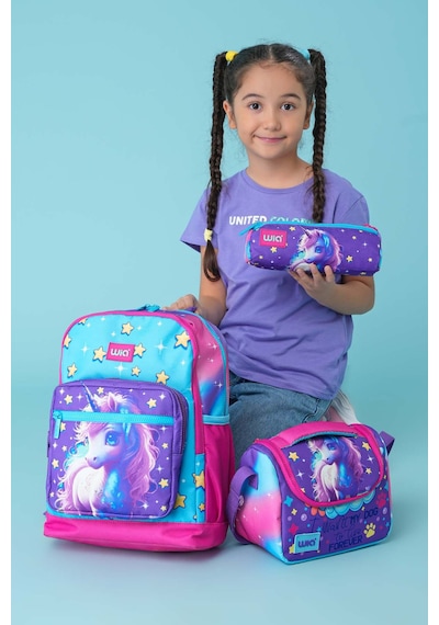 Wia Kız Çocuk Unicorn Desenli 3'lü Okul Çanta Seti Pembe