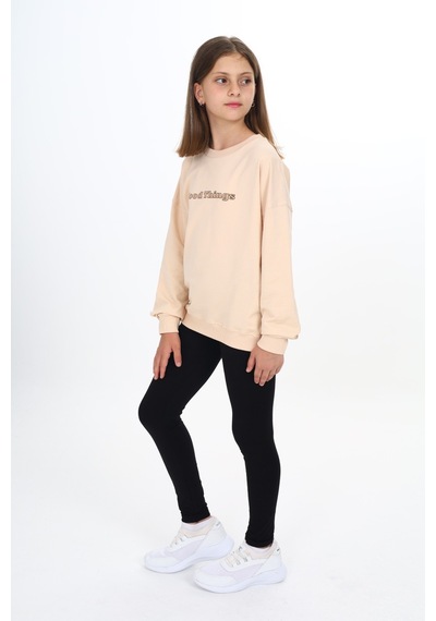 Toontoy Kız Çocuk 2'li Takım Baskılı Bisiklet Yaka Düşük Omuz Sweatshirt & Basic Düz Tayt Bej Toontoy Kız Çocuk 2'li Takım Baskılı Bisiklet Yaka Düşük Omuz Sweatshirt & Basic Düz Tayt Bej