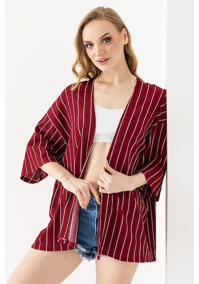 Giysa Kadın Yarım Kol Çizgili Bürümcük Kimono Bordo - 254406 Bordo