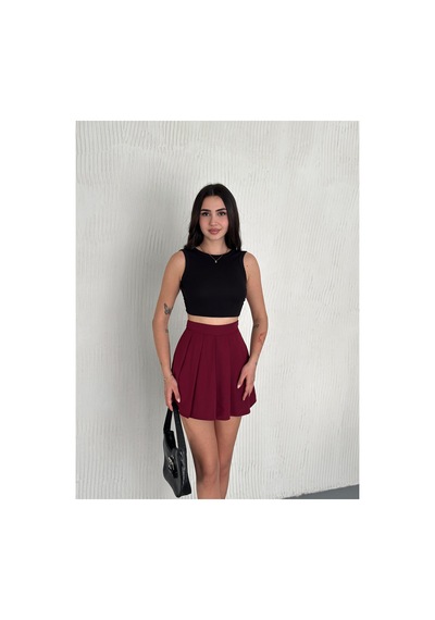 Gugus Kadın Şort/etek Pileli Fermuar Kapamalı Trend Model Bordo
