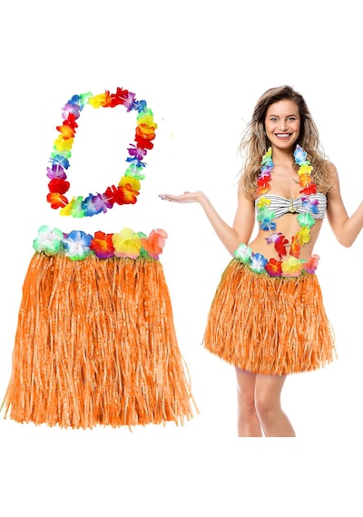 Hawaii Luau Aloha Turuncu Püsküllü 40 Cm Etek Ve Hawaii Kolye Seti 5691 "