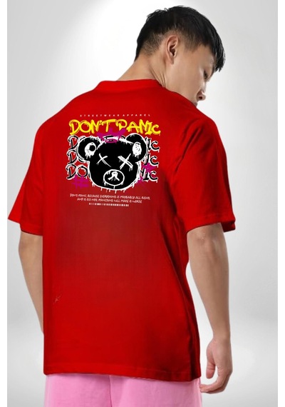 Panik Yok Teddy Kırmızı Oversize Unisex Ön Ve Sırt Baskılı Tişört Kırmızı