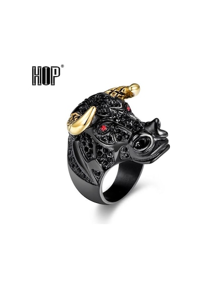 Boğa Yüzük Rhinestone Taşlı Black Bull Gold Horn 316L Paslanmaz Ç Bronz