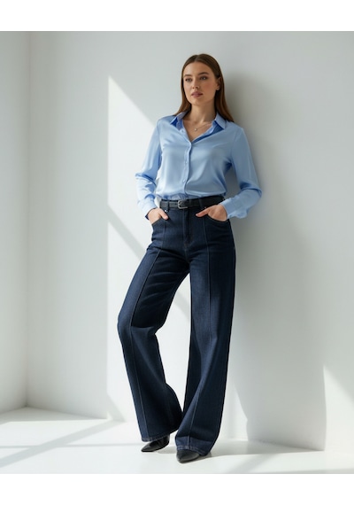 Pera Moda Saten Yüzeyli Fitted Gömlek Bebe Mavisi