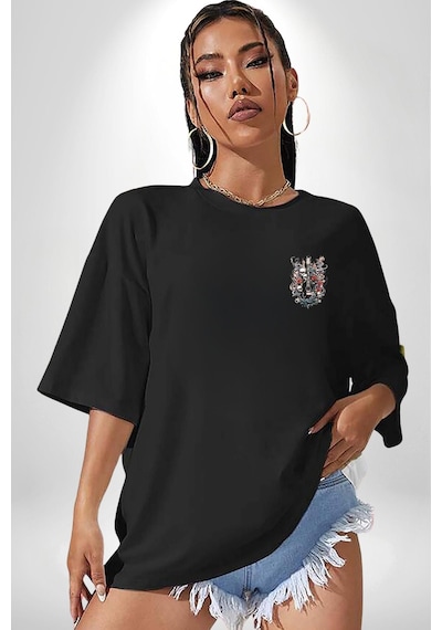 Gitar Kafatası Güller Doğa Uyumu Siyah Oversize Unisex Ön Sol Yan Minimal Baskılı Tişört Koyu Siyah