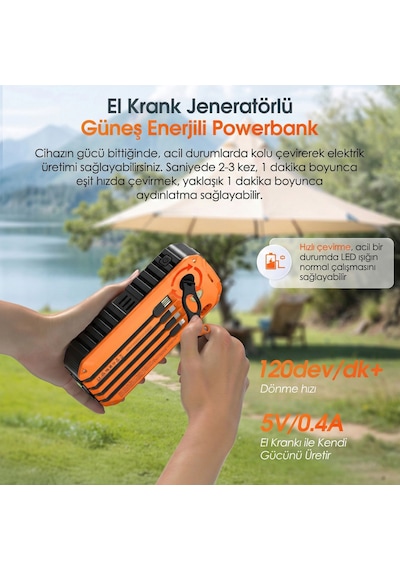 20000 Mah Solar Powerbank - El Kranklı, Dahili Kablolu Taşınabilir Su Geçirmez Powerbank Siyah - Turuncu